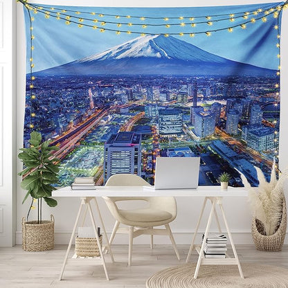 Ambesonne Scenery Tapestry, Skyline of Mt. Hill and Yokohama Japan Financial District Mountain Volcano Landscape, Wide Wall Hanging for Bedroom Living Room Dorm, 80" X 60", Blue