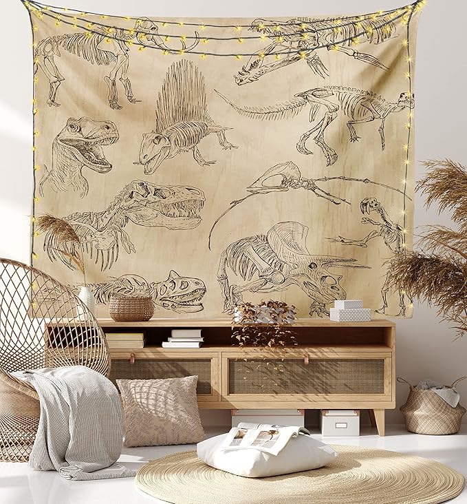 Lunarable Dinosaur Tapestry, Hand Drawn Style Skeletons Bones from Medieval Times Archeology Theme, Fabric Wall Hanging Decor for Bedroom Living Room Dorm, 23" X 28", Sand Brown Army Green