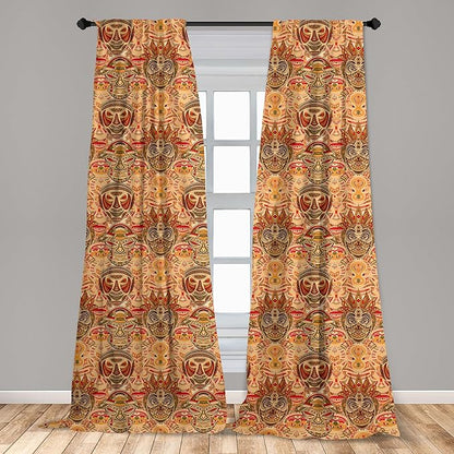 Ambesonne African Curtains, Motif with Pattern Design, Window Treatments 2 Panel Set for Living Room Bedroom, Pair of - 28" x 84", Brown Orange