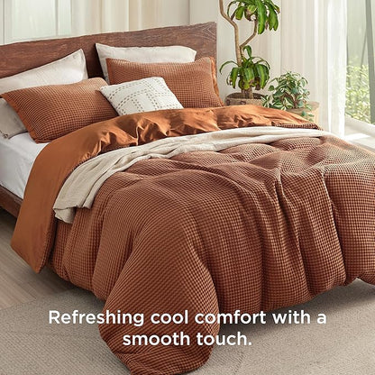 Bedsure Cooling Waffle Duvet Cover Queen - Cotton Blend Rayon Derived from Bamboo Duvet Cover Set for Hot Sleepers, Breathable Bedding Set With a Vintage Charm, 3 Pieces (Burnt Orange, Queen, 90"x90")