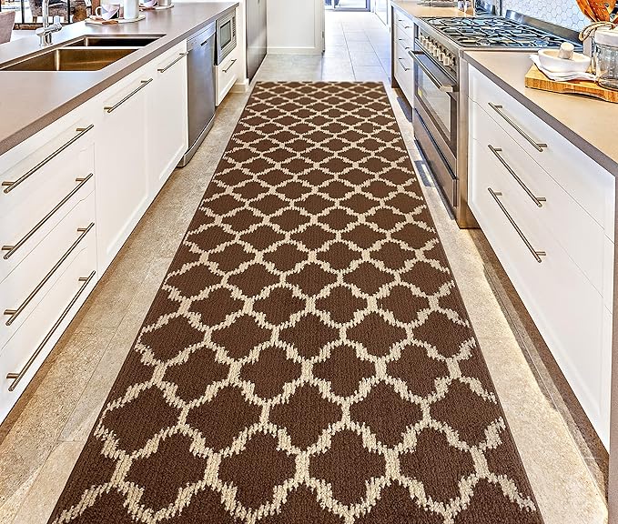 Custom Size Cut to Length Moroccan Trellis Design Runner Rug Mat For Wide Long Hallways with Non-Slip Rubber Backing, Better Traction for Pets, Prevent Slippage, Trellis Brown, 31 inch X 12 feet