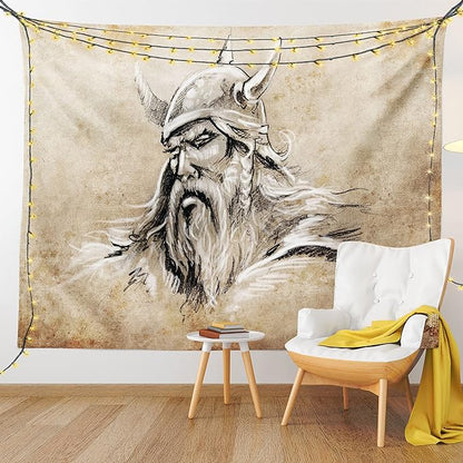 Lunarable Viking Tapestry, Sketch Style Scandinavian Warrior with Beard and Hat Masculine Portrait Tattoo, Wide Wall Hanging for Bedroom Living Room Dorm, 80" X 60", Beige Tan