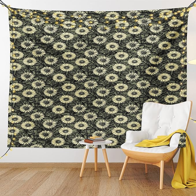 Lunarable Sunflower Tapestry Twin Size, Abstract Nature Inspired Illustration Bouquet Retro Composition, Wall Hanging Bedspread Bed Cover Wall Decor, Twin Size, Yellow Green