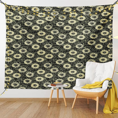 Lunarable Sunflower Tapestry Twin Size, Abstract Nature Inspired Illustration Bouquet Retro Composition, Wall Hanging Bedspread Bed Cover Wall Decor, Twin Size, Yellow Green