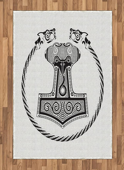 Lunarable Mjolnir Area Rug, Thor's Hammer with Scandinavian Folk Nordic Ornamental Art, Flat Woven Accent Rug for Living Room Bedroom Dining Room, 4' X 5' 7", Charcoal Grey White