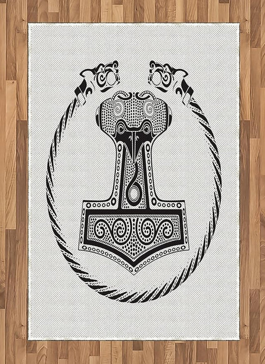 Lunarable Mjolnir Area Rug, Thor's Hammer with Scandinavian Folk Nordic Ornamental Art, Flat Woven Accent Rug for Living Room Bedroom Dining Room, 4' X 5' 7", Charcoal Grey White