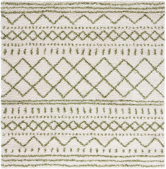 SAFAVIEH Arizona Shag Collection Area Rug - 6'7" Square, Ivory & Green, Moroccan Design, Non-Shedding & Easy Care, 1.6-inch Thick Ideal for High Traffic Areas in Living Room, Bedroom (ASG741Y)