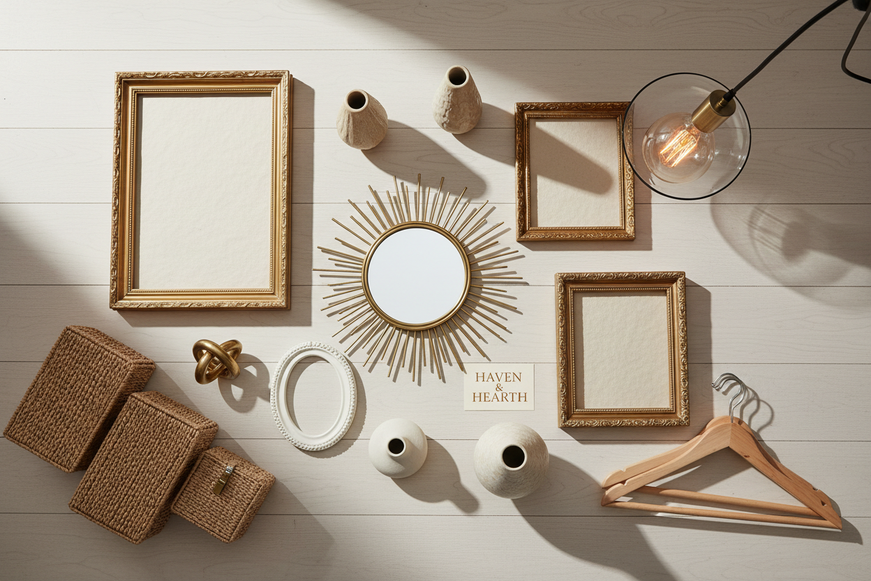 Mirrors, picture frames, props, lighting, hangers, storage items, etc. for Haven & Hearth shop Home Deco